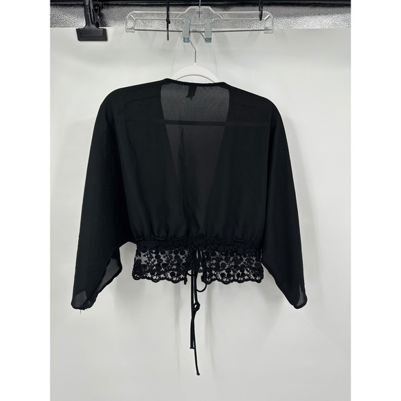Womens‎ Whimsigoth Sheer Kimono Top Size M Black Lace Trim Witchy Romantic Crop - Picture 2 of 7